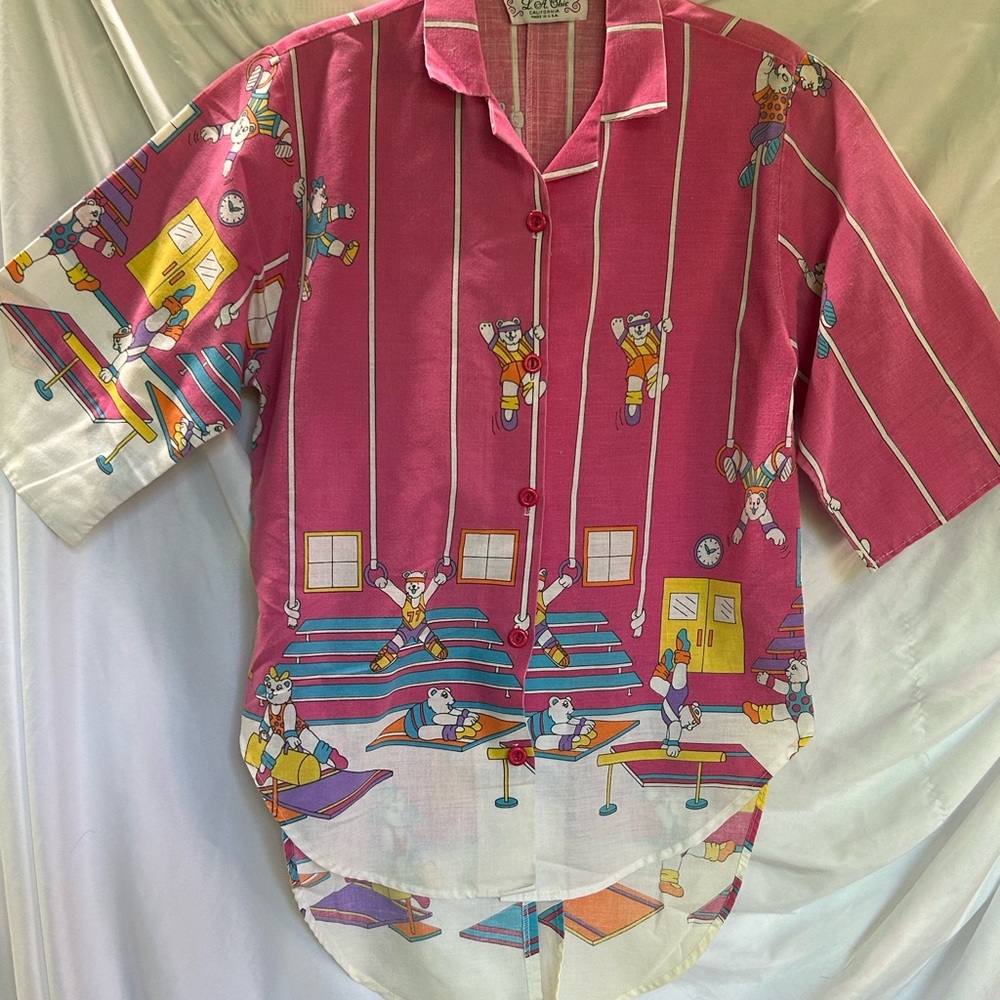 Vintage Pink Cartoon Bear Gymnastics Button Shirt